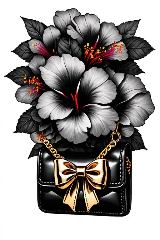 bouquet of hibiscus flowers with a black purse charm with a gold bow - Variation 3