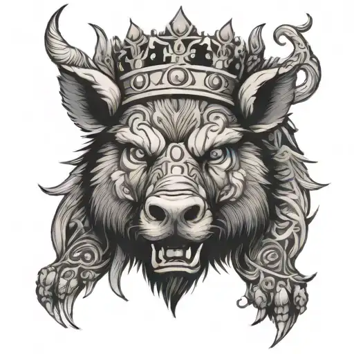 angry boar head wearing crown with blue eyes in a patterned background