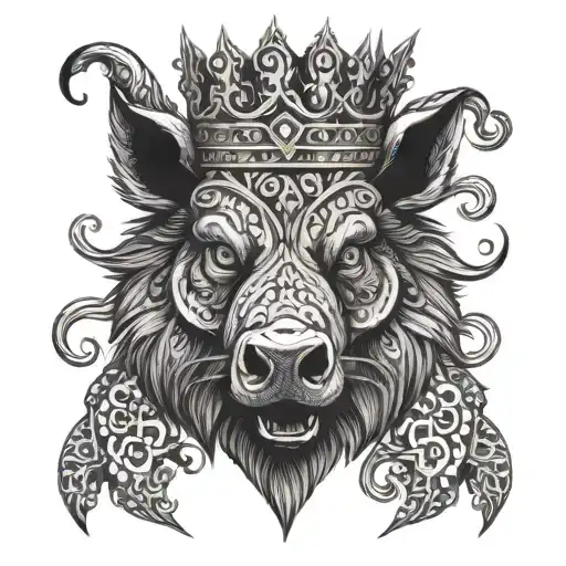 angry boar head wearing crown with blue eyes in a patterned background - Variation 2