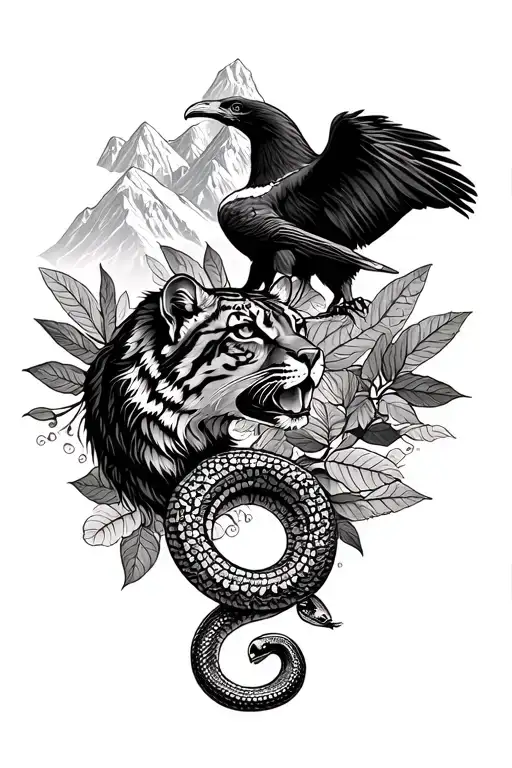 Peruvian moutain range outline incorporating a cougar, a condor, and snake and coca leaves and pachamama spiral