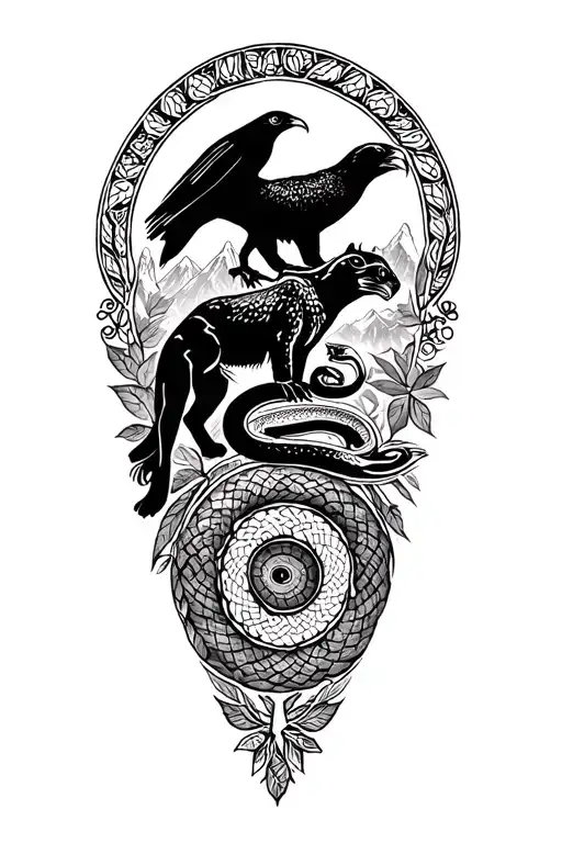 Peruvian moutain range outline incorporating a cougar, a condor, and snake and coca leaves and pachamama spiral - Variation 2