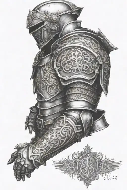 dark souls shoulder armor and pauldron tattoo design featuring a gothic pattern with hard line plate armor ridges