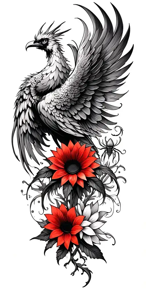 feminine phoenix rising wings spread long flowing tail feathers with sunflowers, lotus and red spider Lilly flower