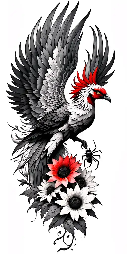 feminine phoenix rising wings spread long flowing tail feathers with sunflowers, lotus and red spider Lilly flower - Variation 2