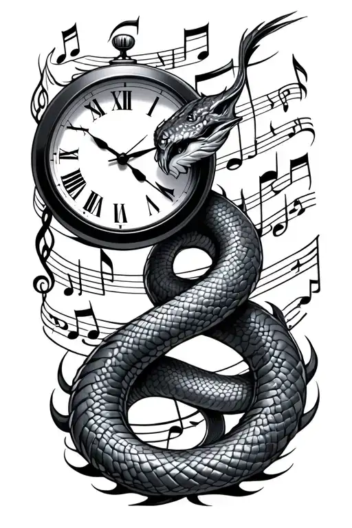 fire snake clock surrounded by music notes intertwined