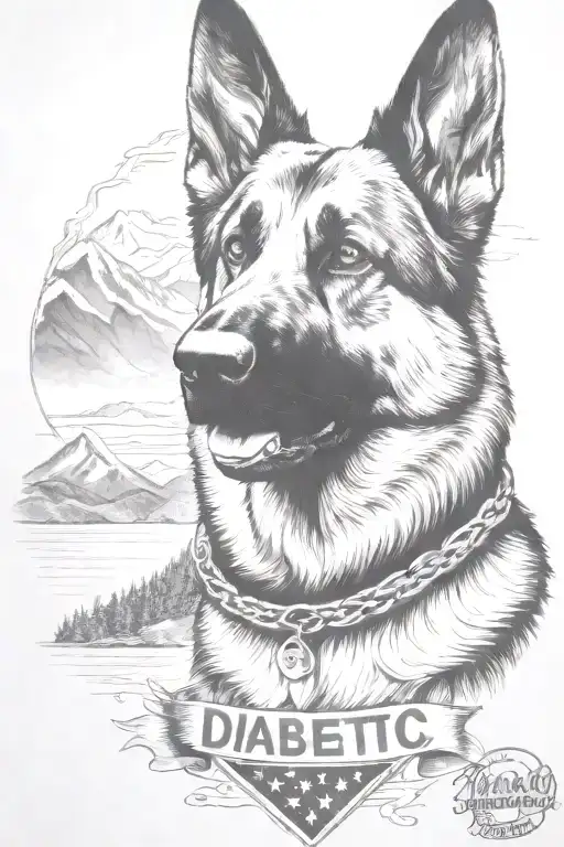 German shepherd portrait saying "diabetic" mountain scene American flag intertwined