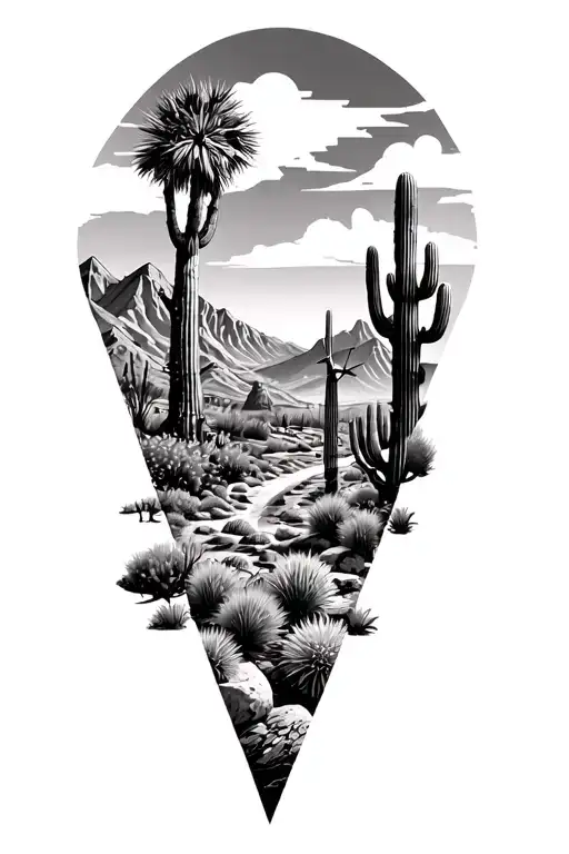 within 3 triangles put palm springs desert mountains and windmills and cactus and a sequoia tree