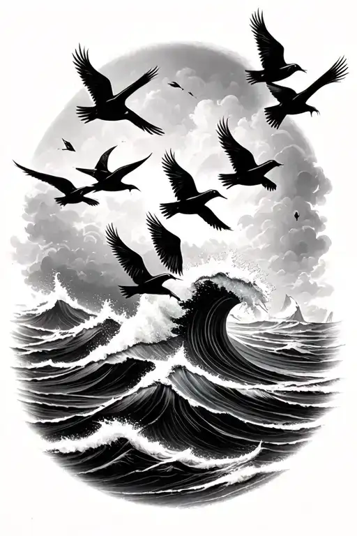 stormy seas surrounded by birds