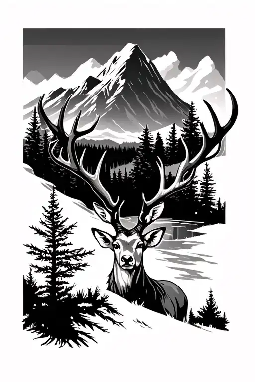 pine forest with mountain in background black and a stag looking at viewer