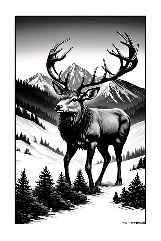 pine forest with mountain in background black and a stag looking at viewer - Variation 2