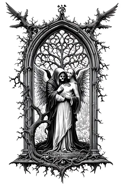 gothic cathedral window view of a family tree and vines and grim reaper embracing angel - Variation 2
