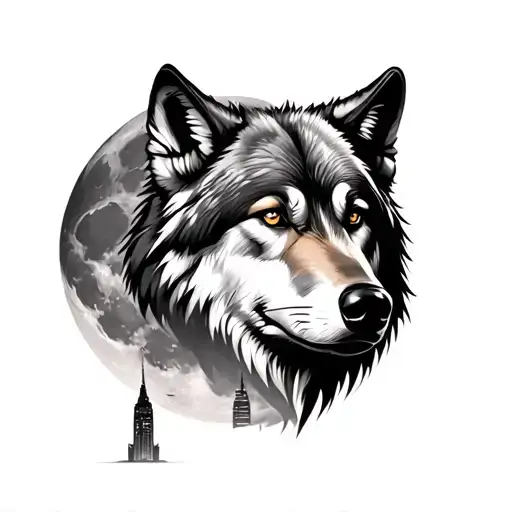 Wolf with the moon in background. Incorporate Empire State building inside the moon. Also add Trees where they fit.