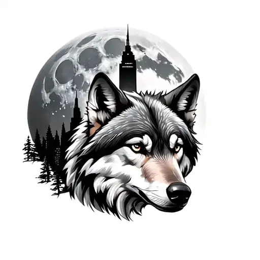 Wolf with the moon in background. Incorporate Empire State building inside the moon. Also add Trees where they fit. - Variation 2