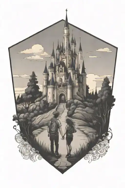 Disney castle on a hill with a boy and a girl holding hands walking towards it - Variation 2