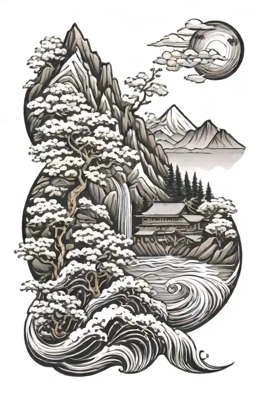 swiss mountians, japanese sakura, brazilian beavc/waves, blcak and white
