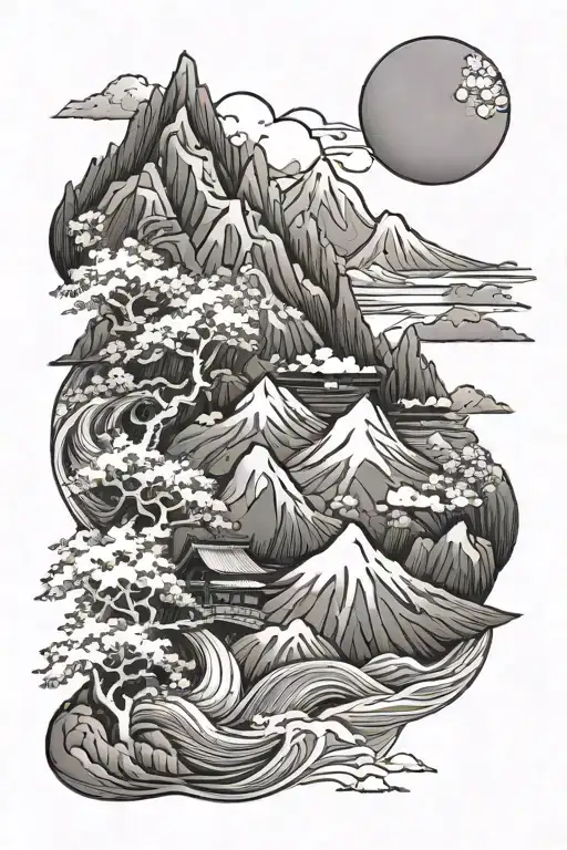swiss mountians, japanese sakura, brazilian beavc/waves, blcak and white - Variation 2