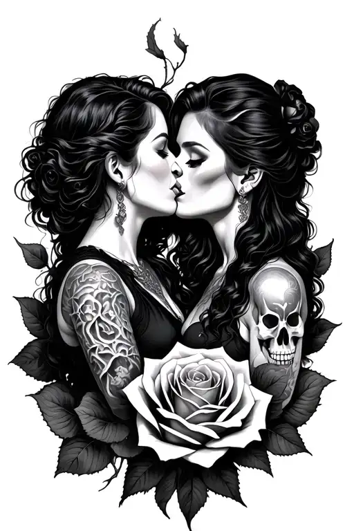 woman kissing a woman surrounded by dead rose