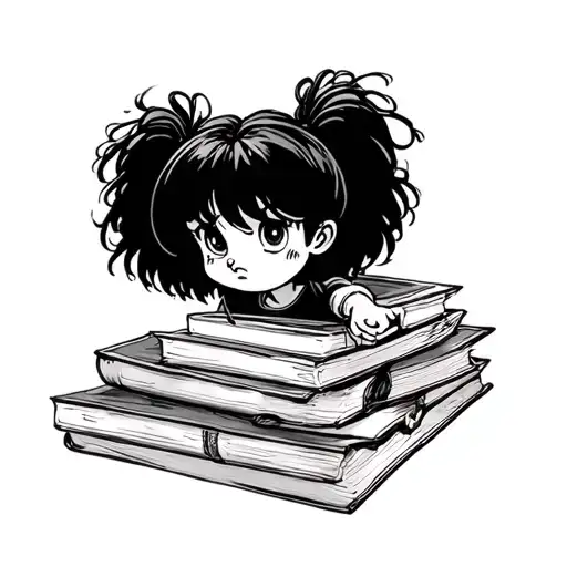 • Character: Mafalda with her messy hair and grumpy expression, just like the image. • Books: a pile of book