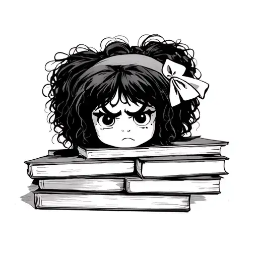 • Character: Mafalda with her messy hair and grumpy expression, just like the image. • Books: a pile of book - Variation 2