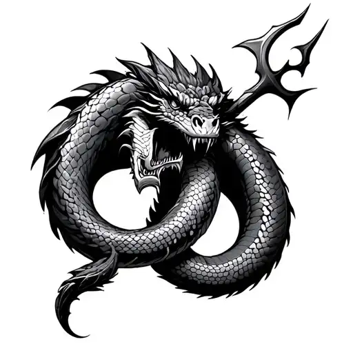 black and grey cyber sigillism trident with a snake dragon face coiling it turning into a rukdraksh - Variation 2