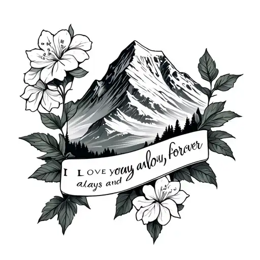 mt rainier with rhododendron flower and a banner that says "I love you, always and forever"