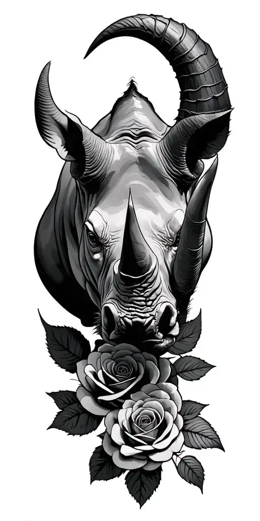 rhino head tattoo roses wrapped tightly curled horns