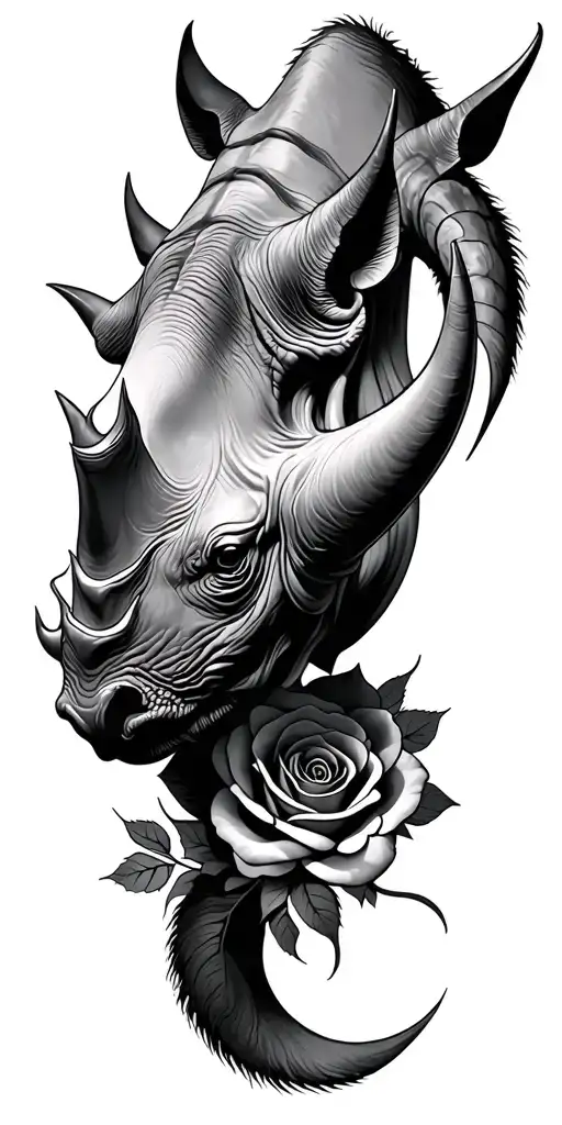 rhino head tattoo roses wrapped tightly curled horns - Variation 2