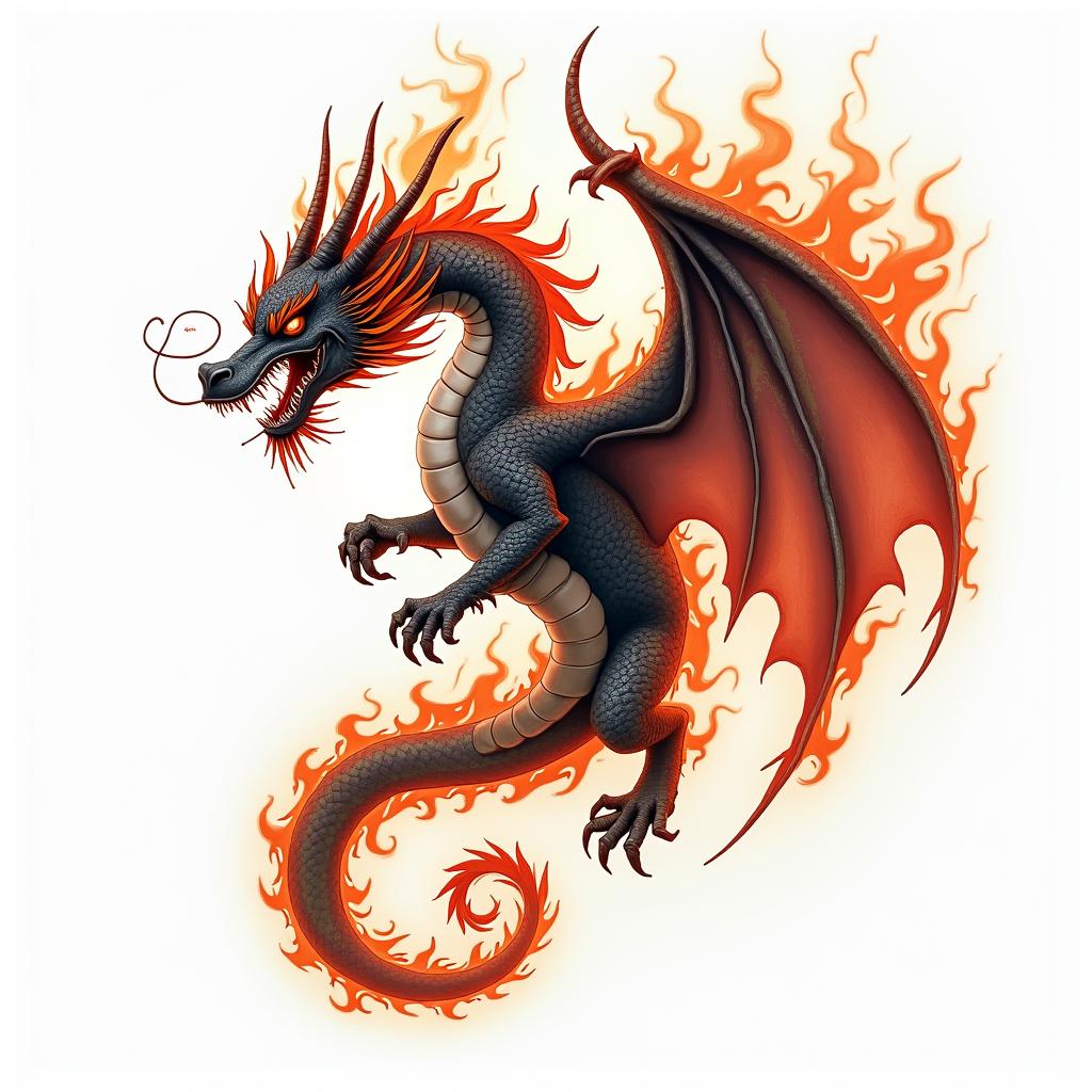 Dragonin flame tattoo style showcasing fiery elements with dynamic flame patterns, glowing effect of flames, natural colorsin flame tattoo style showcasing fiery elements with dynamic flame patterns, glowing effect of flames, natural colors