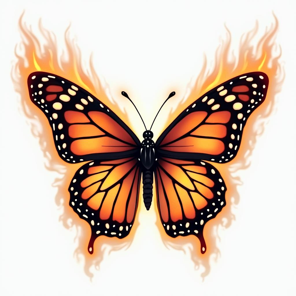 Butterflyin flame tattoo style showcasing fiery elements with dynamic flame patterns, glowing effect of flames, natural colorsin flame tattoo style showcasing fiery elements with dynamic flame patterns, glowing effect of flames, natural colors