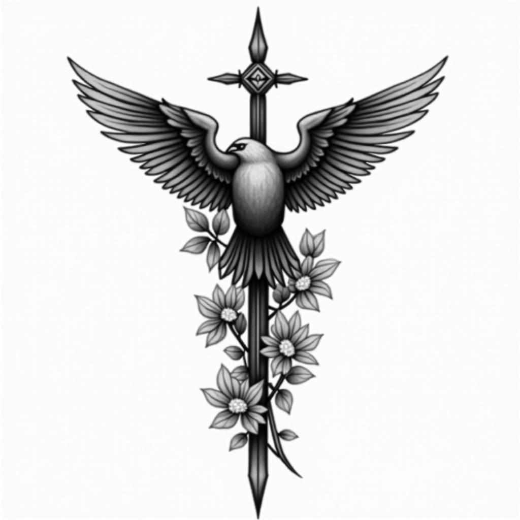 Cross, falcon, Spear, Laurelin japanese style tattoo, detailed tattoo, traditional japanese culture tattoo, mythology, 8k - Variation 2