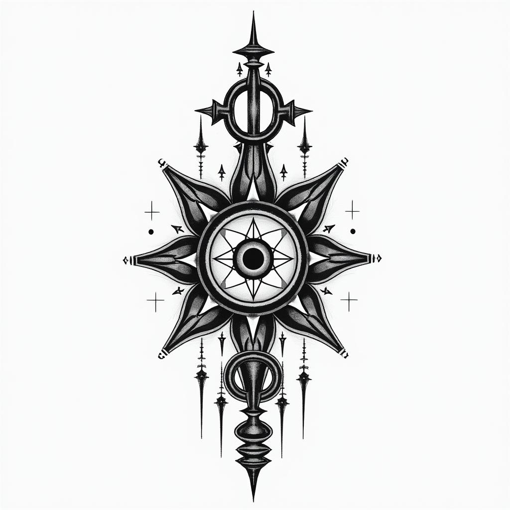 Ryan aresin spiritual symbols tattoo style, featuring an intricate design incorporating elements, Hamsa hand, third eye, minimalist composition