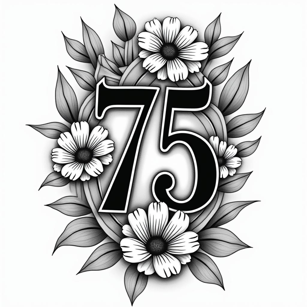 Black and white Tattoo with the title, Pride Of The Maine Flute Band  have this wrapped around it with the number 75 in the middle with lilly flowers added inhigly detailed tattoo