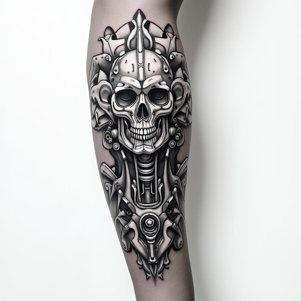 Snowflake armtattoo in biomechanic style, the tattoo covered by robotic elements of futuristic cyberpunk design, robotic features detail, showcasing intricate mechanical componentstattoo in biomechanic style, the tattoo covered by robotic elements of futuristic cyberpunk design, robotic features detail, showcasing intricate mechanical components