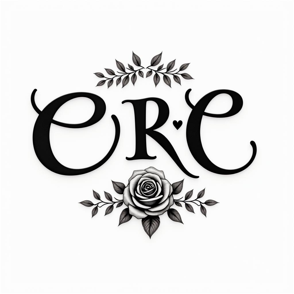 C💙R💙Cin elegant cursive calligraphy style 2d tattoo, decorate with roses, featuring a smooth and flowing handwritten script with slightly thickened strokes for a luxurious and bold appearance,  heart symbol between names,  sleek and glossy black text with shadowing, minimalist matte white background, clean and sharp edges, illuminated with soft lighting, romantic, 8k, high-quality textures with refined typography