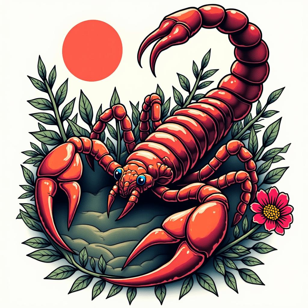 Giant scorpion in a gardenin pop art style tattoo, featuring bold and vibrant colors, exaggerated outlines, iconic imagery, inspired by comic books and speech bubbles, comic book characters, retro pop culture