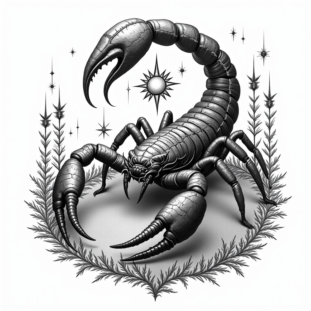 Giant scorpion in a gardenin prophecy tattoo style, featuring mystical symbols, celestial imagery like stars, moons, suns, geometric patterns, foretelling elements, an eye of wisdom
