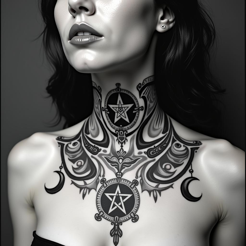 Create me a throat tattoo with the All, seeing I and Egyptian hieroglyphicsin paganic style tattoo, featuring ancient symbols, add vegvisir symbol, mystical figures, incorporating designs, pentagrams, runes, crescent moons,