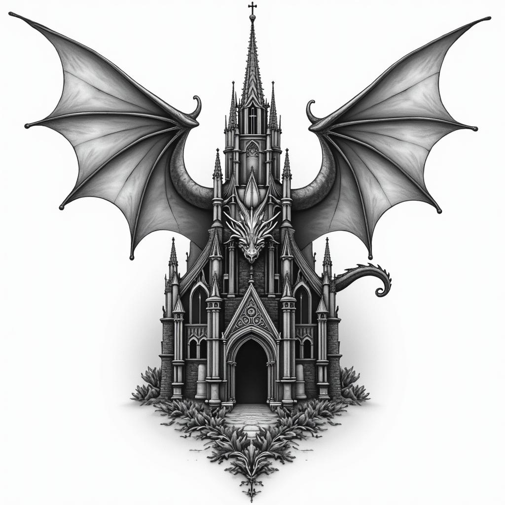 Cathedral with a dragonhigly detailed tattoo