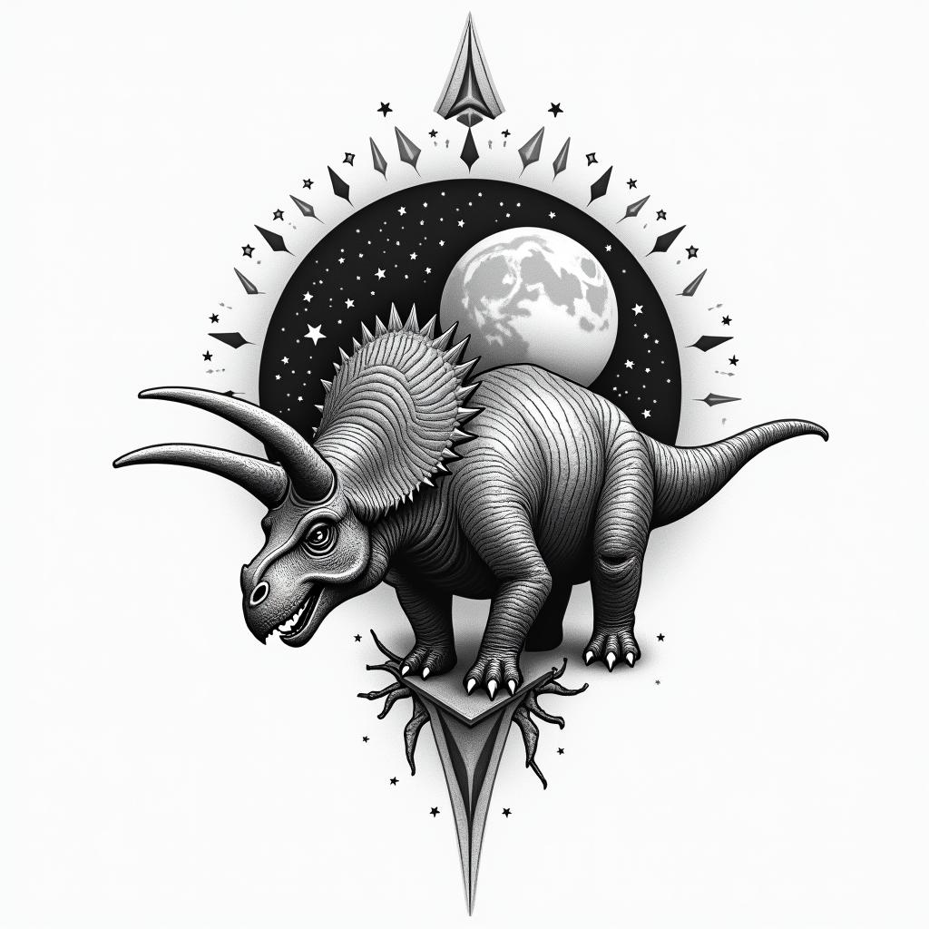 Make a tattoo with a mix of space, a triceratops and the moon phaseshigly detailed tattoo