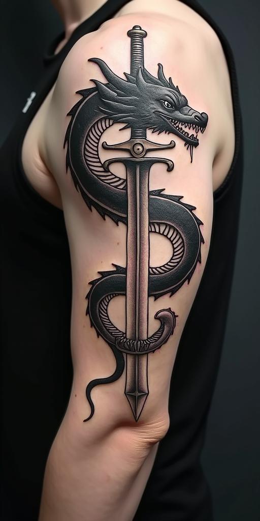 Majestic dragon coiled around a swordin authentic tattoo style, incorporating traditional modifications, bold black outlines, solid color fills, featuring classic authentic elements