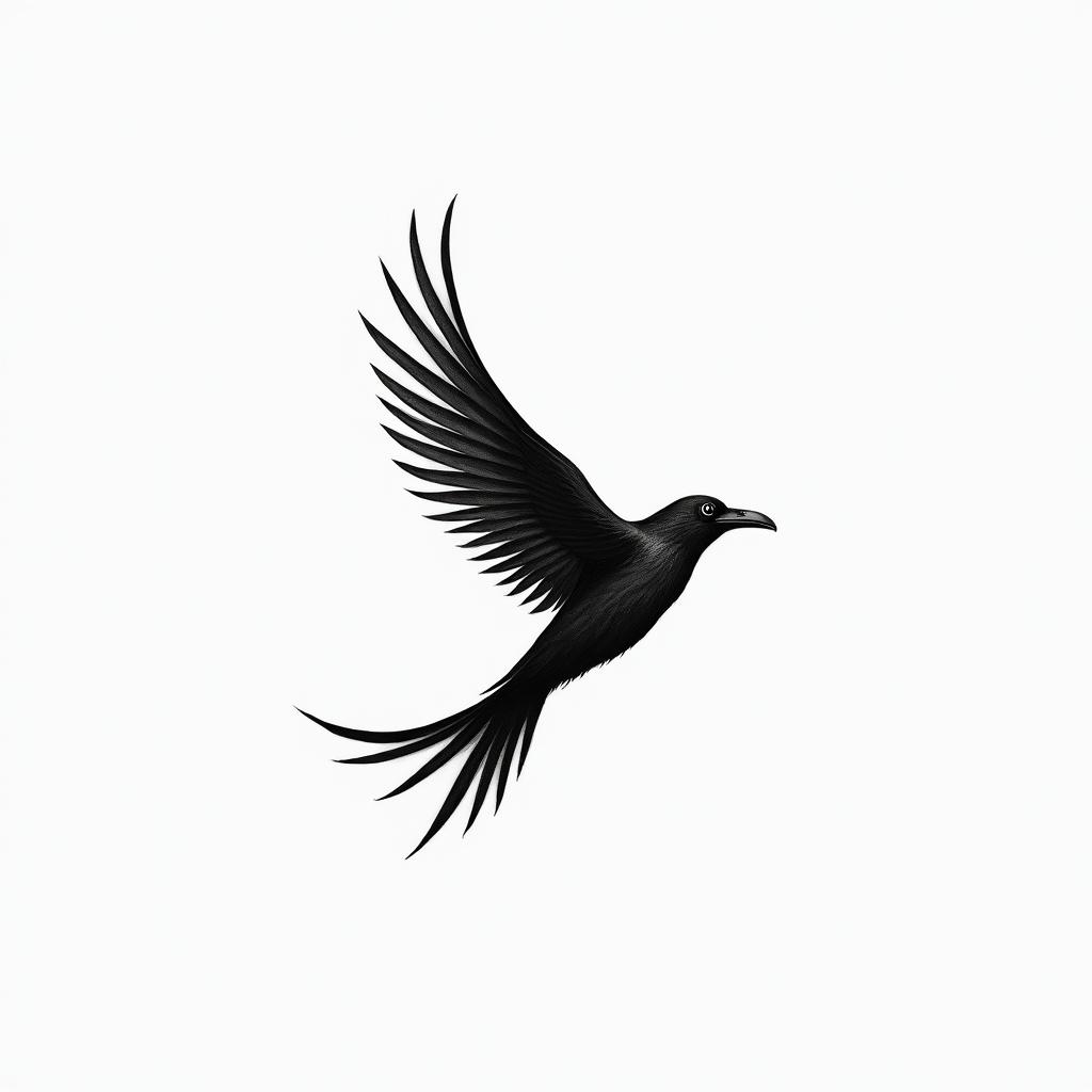 Mid flight left side profile of bird with head and body of raven and a very long  swooping s shaped tail of phoenix.in minimalist style tattoo, featuring simple shapes and fine lines, with minimal shading and details, tiny triangles, creating a sense of balance and harmonyin minimalist style tattoo, featuring simple shapes and fine lines, with minimal shading and details, tiny triangles, creating a sense of balance and harmony - Variation 2