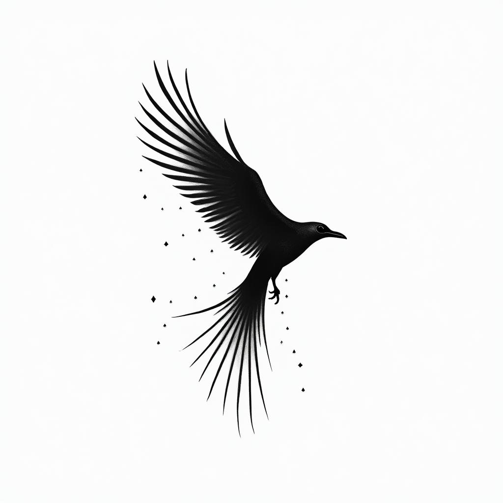 Mid flight left side profile of bird with head and body of raven and a very long  swooping s shaped tail of phoenix.in minimalist style tattoo, featuring simple shapes and fine lines, with minimal shading and details, tiny triangles, creating a sense of balance and harmonyin minimalist style tattoo, featuring simple shapes and fine lines, with minimal shading and details, tiny triangles, creating a sense of balance and harmony
