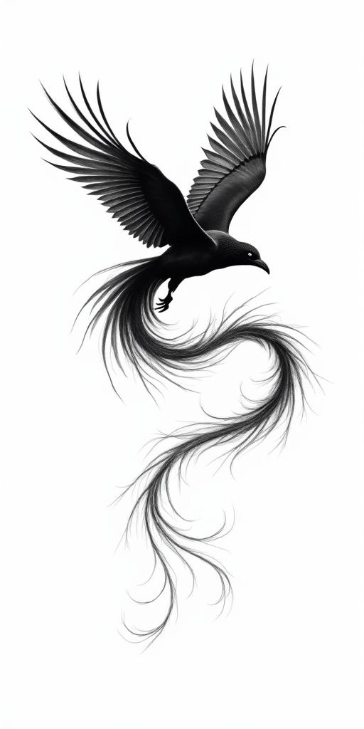 Mid flight left side profile of bird with head and body of raven and a very long  swooping s shaped tail of phoenix.in japanese style tattoo, detailed tattoo, traditional japanese culture tattoo, mythology, 8k
