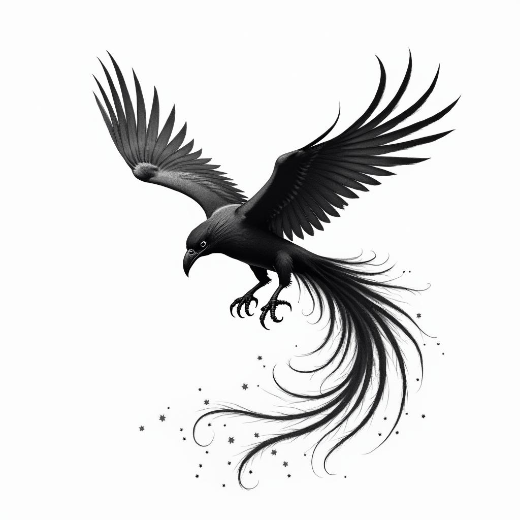 Mid flight left side profile of bird with head and body and claws of raven and a very long  swooping s shaped tail of phoenix.in japanese style tattoo, detailed tattoo, traditional japanese culture tattoo, mythology, 8k