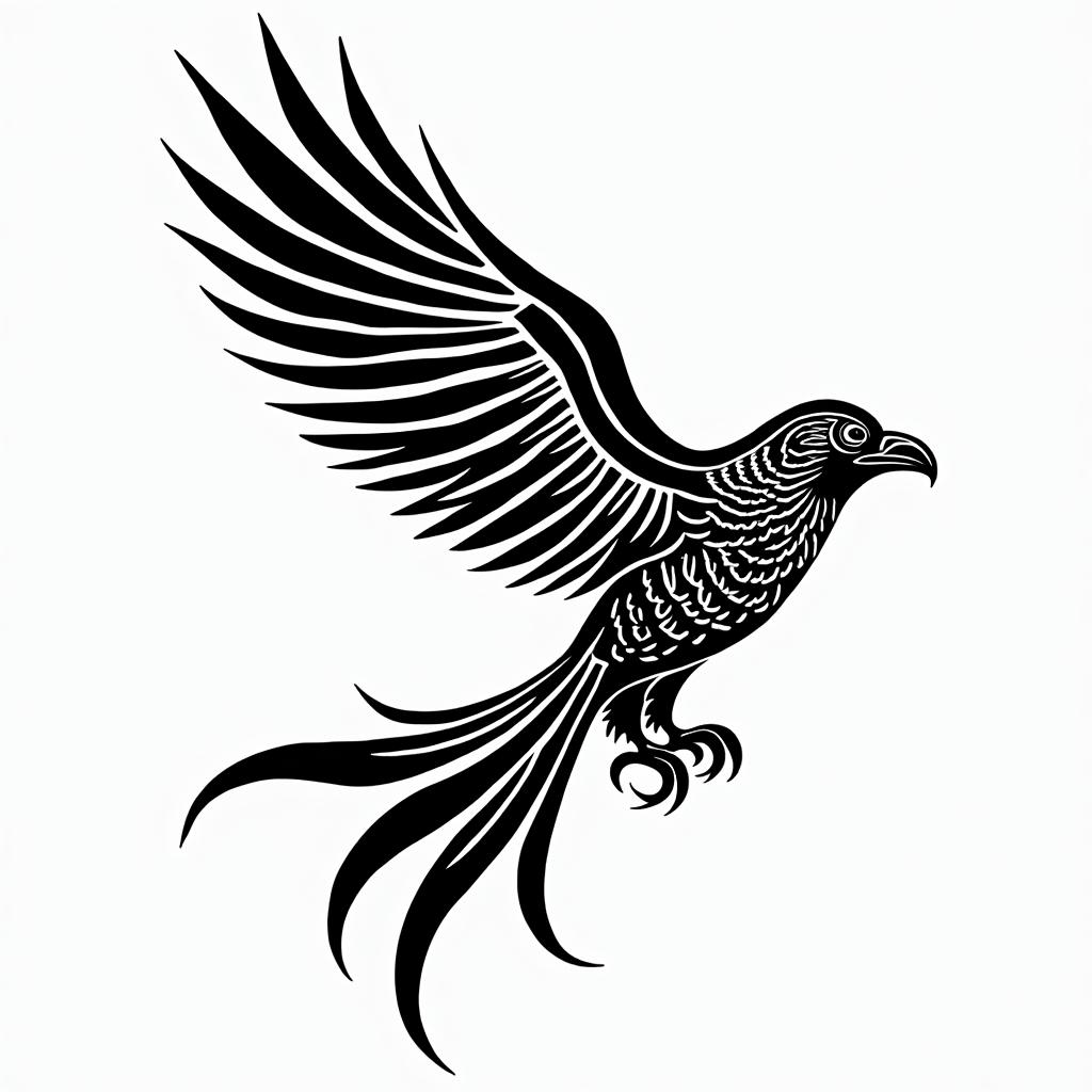 Mid flight left side profile of bird with head and body and claws of raven and a very long  swooping s shaped tail of phoenix.in tribal tattoo style, featuring bold and black geometric shapes, curved lines, intertwine and flow seamlessly, creating a powerful and symbolic design, polynesian and maori styles
