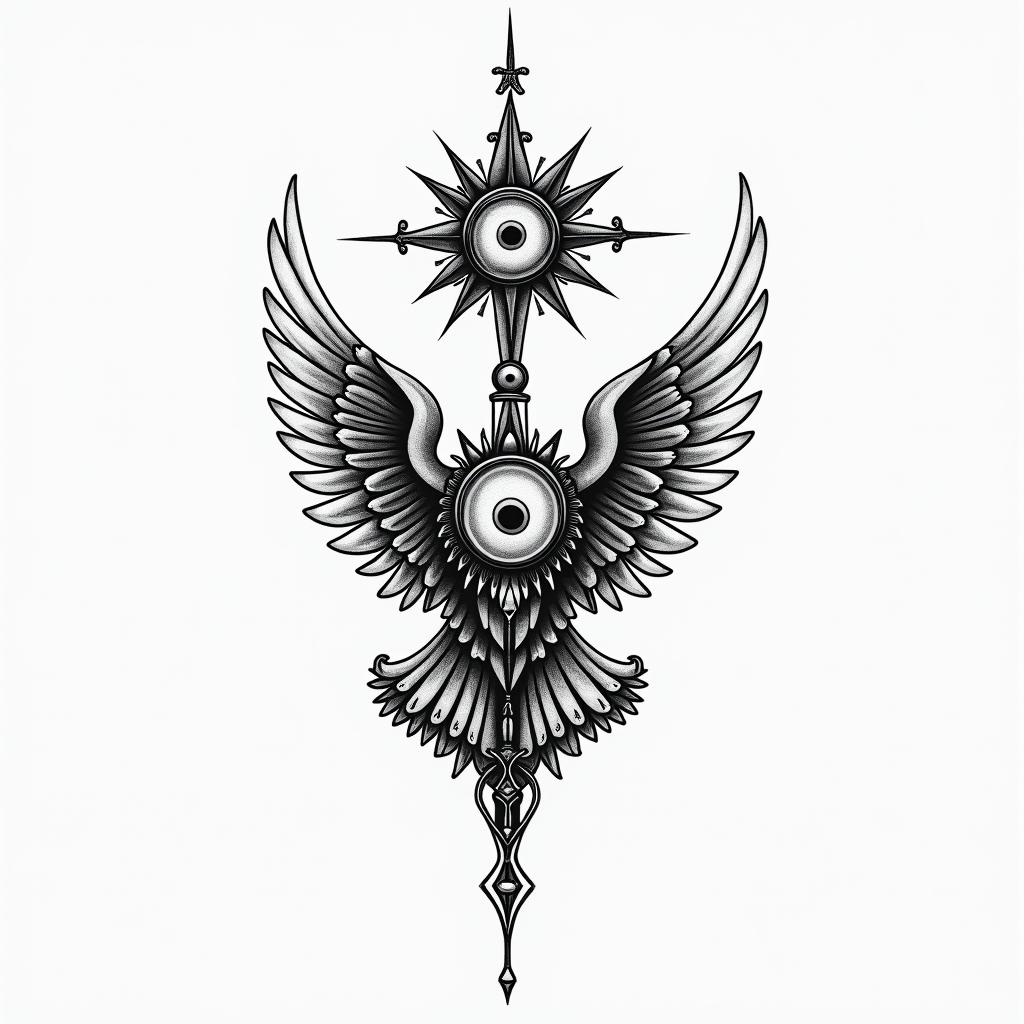 Gomez 1999 Librain spiritual symbols tattoo style, featuring an intricate design incorporating elements, Hamsa hand, third eye, minimalist composition