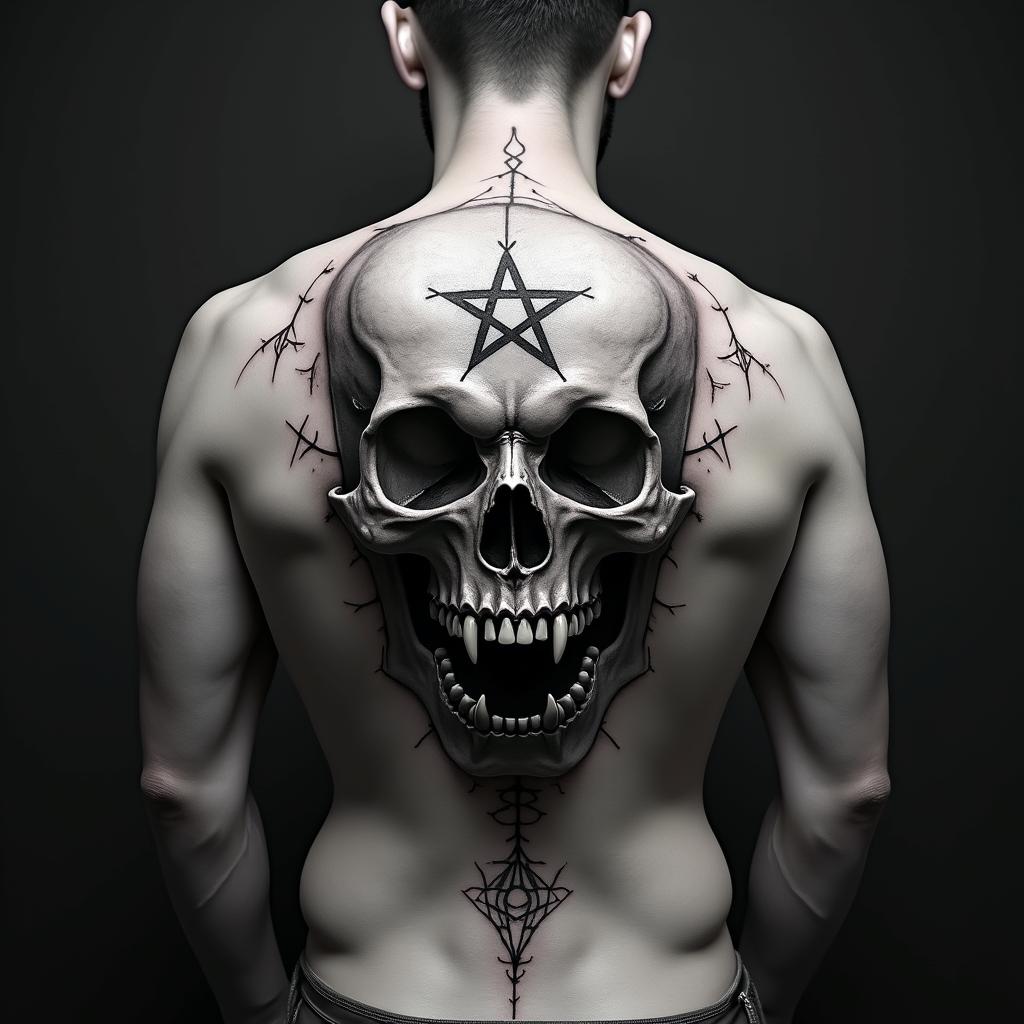 Calabera endemoniadacreepy horror tattoo style, featuring an eerie and unsettling skull of a demonic creature, distorted face with sharp fangs, add pentagram symbol