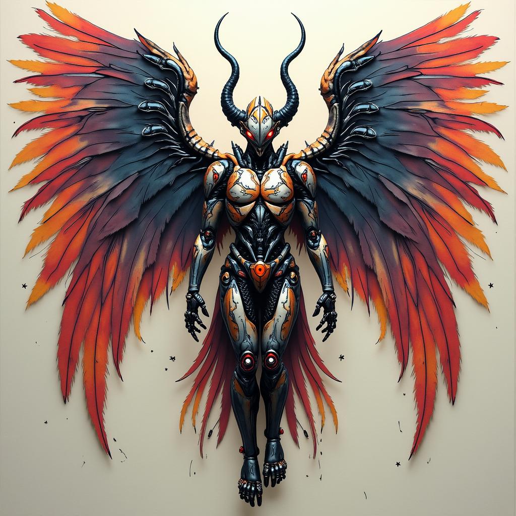 Dark Guardian with wingstattoo in biomechanic style, the tattoo covered by robotic elements of futuristic cyberpunk design, robotic features detail, showcasing intricate mechanical components