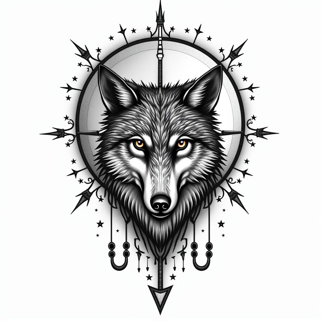 Lobo e lua minguantein prophecy tattoo style, featuring mystical symbols, celestial imagery like stars, moons, suns, geometric patterns, foretelling elements, an eye of wisdom
