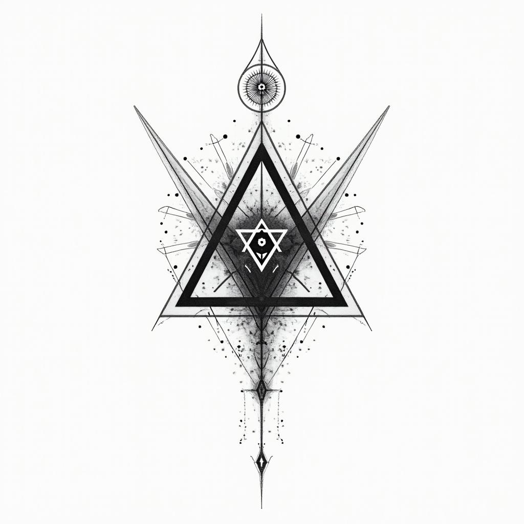 Psychedelic dmt visuals, golden ratio geometry sigil. Include alien tribal glyphs.in minimalist style tattoo, featuring simple shapes and fine lines, with minimal shading and details, tiny triangles, creating a sense of balance and harmony